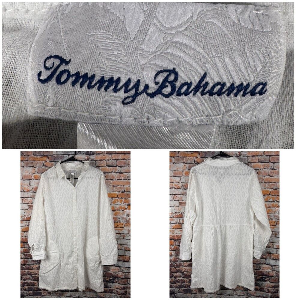Tommy Bahama Women's Large Cotton Clip Boyfriend Beach Tunic Shirt White